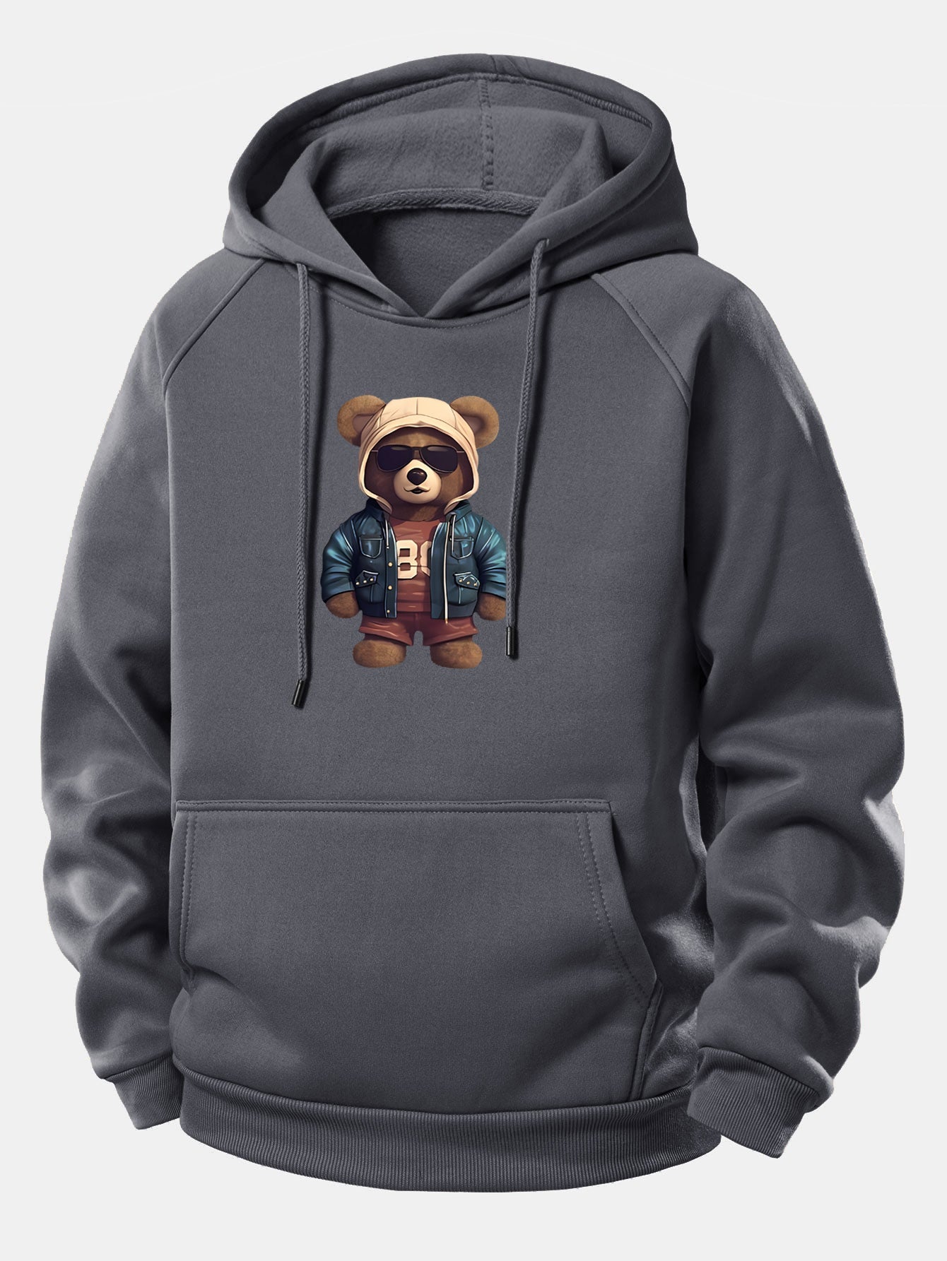 Bear In Leather Jacket Print Drawstring Hoodie