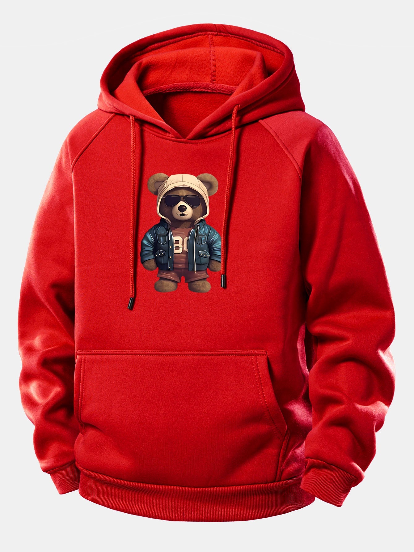 Bear In Leather Jacket Print Drawstring Hoodie