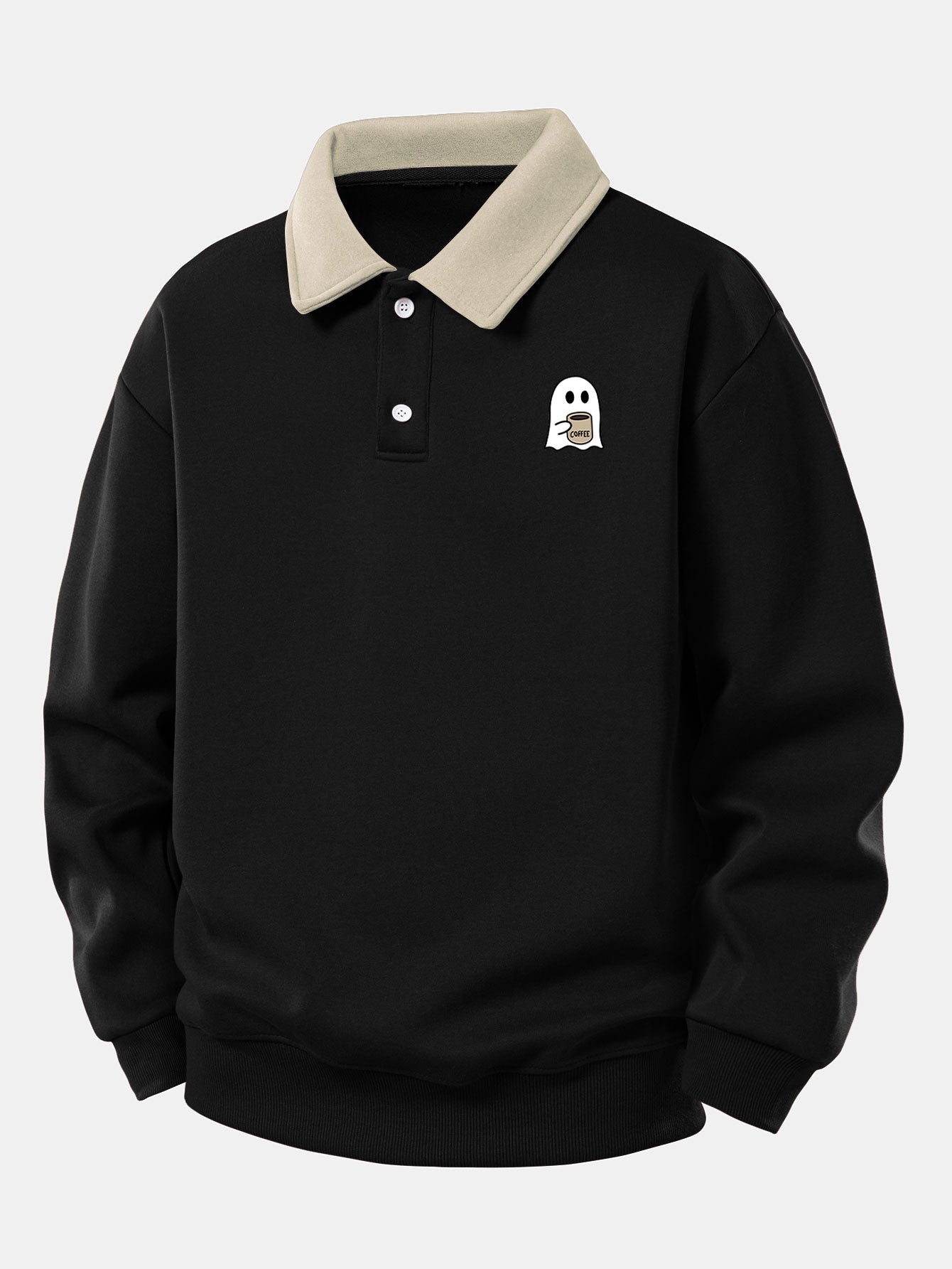 Relax Fit Ghost Drinking Coffee Print Contrast Polo Sweatshirt & Straight Leg Pleated Pintuck Sweatpants