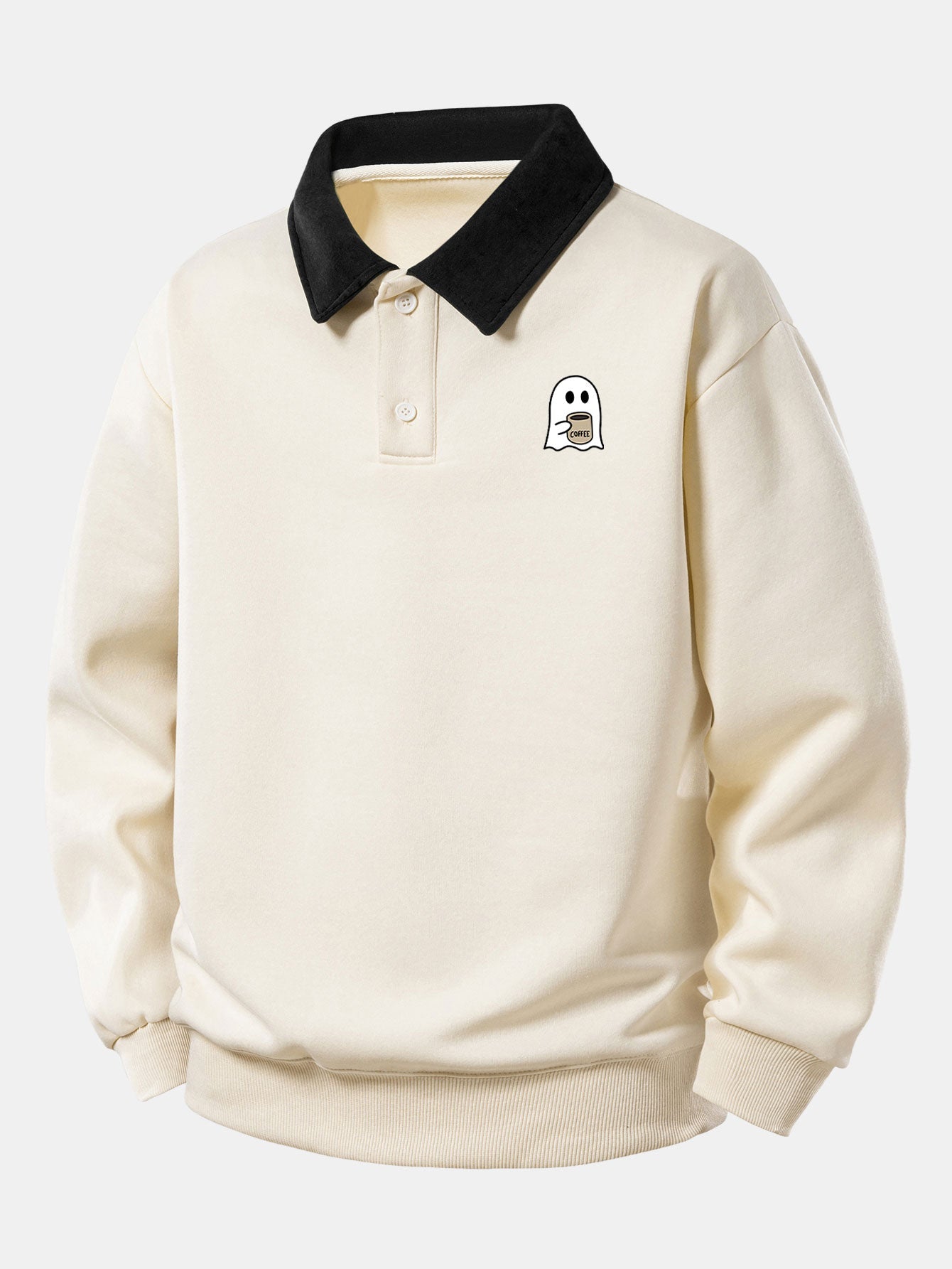 Relax Fit Ghost Drinking Coffee Print Contrast Polo Sweatshirt & Straight Leg Pleated Pintuck Sweatpants