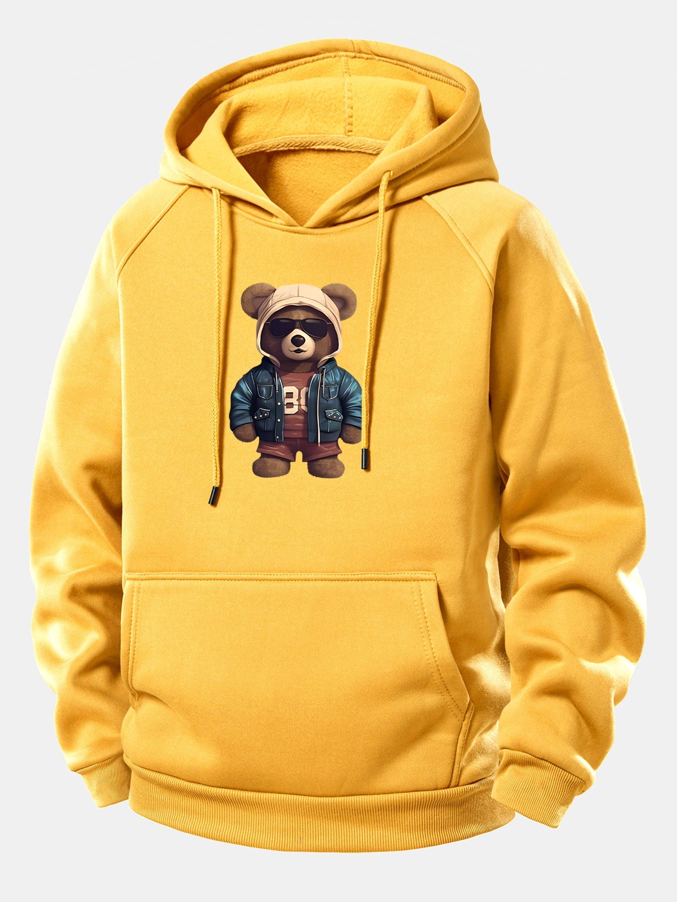 Bear In Leather Jacket Print Drawstring Hoodie