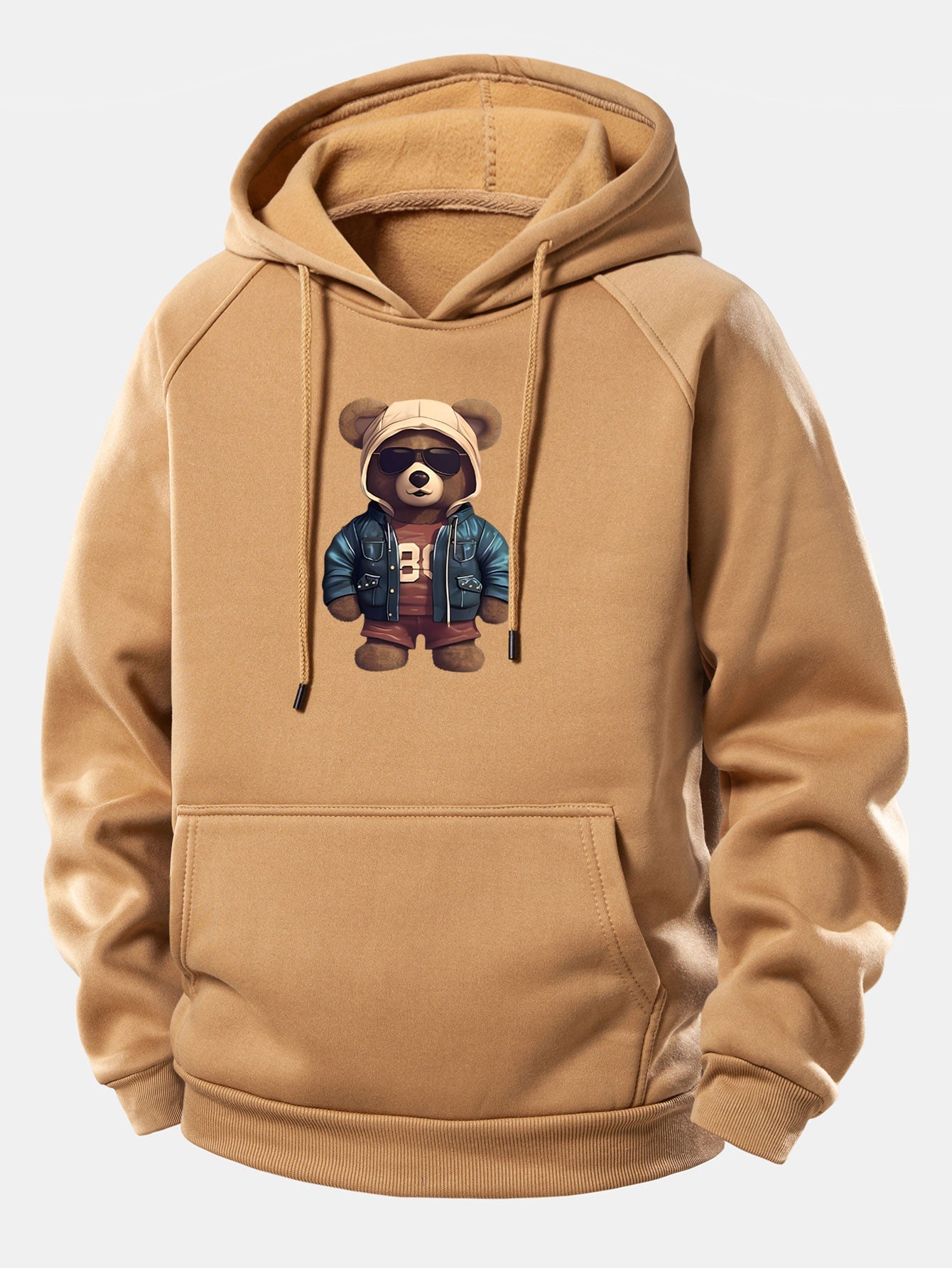 Bear In Leather Jacket Print Drawstring Hoodie