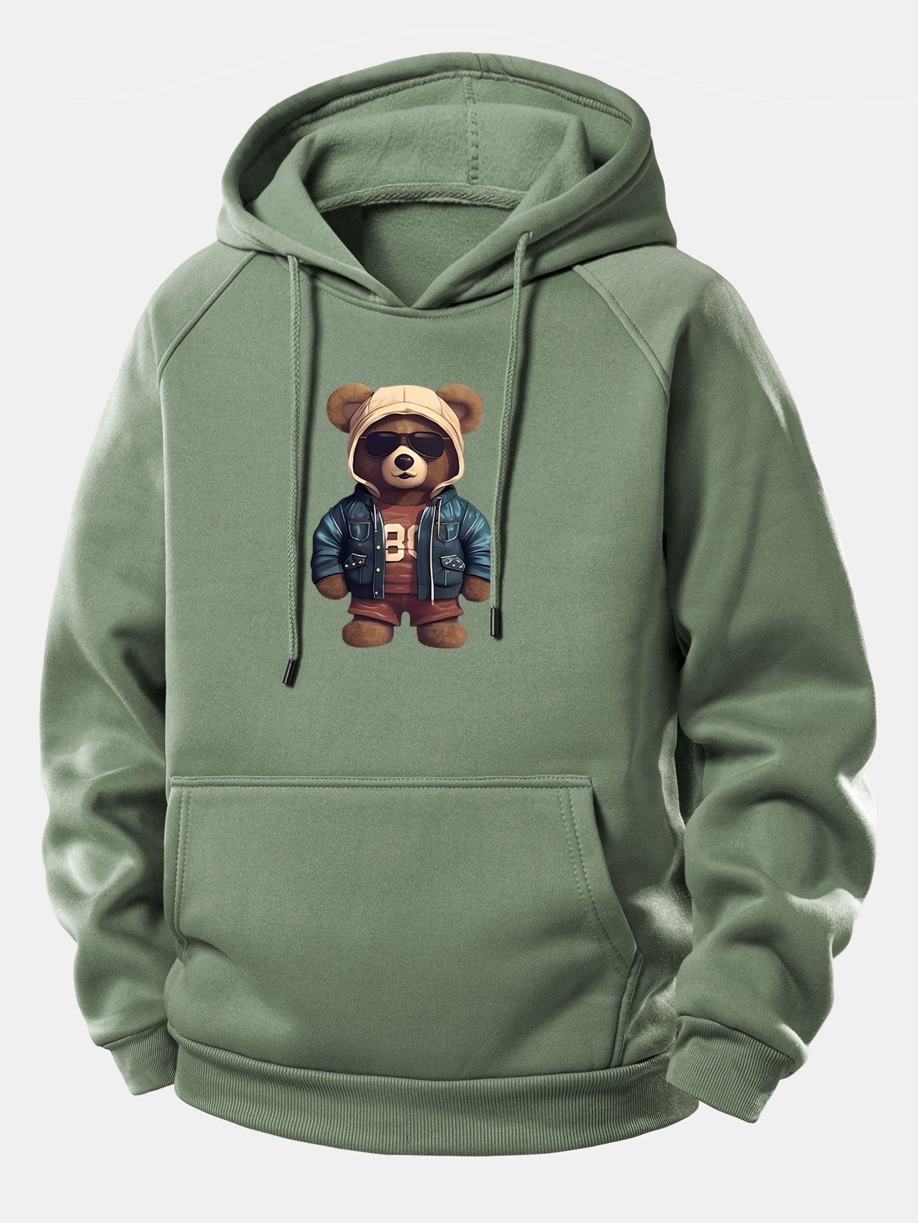 Bear In Leather Jacket Print Drawstring Hoodie