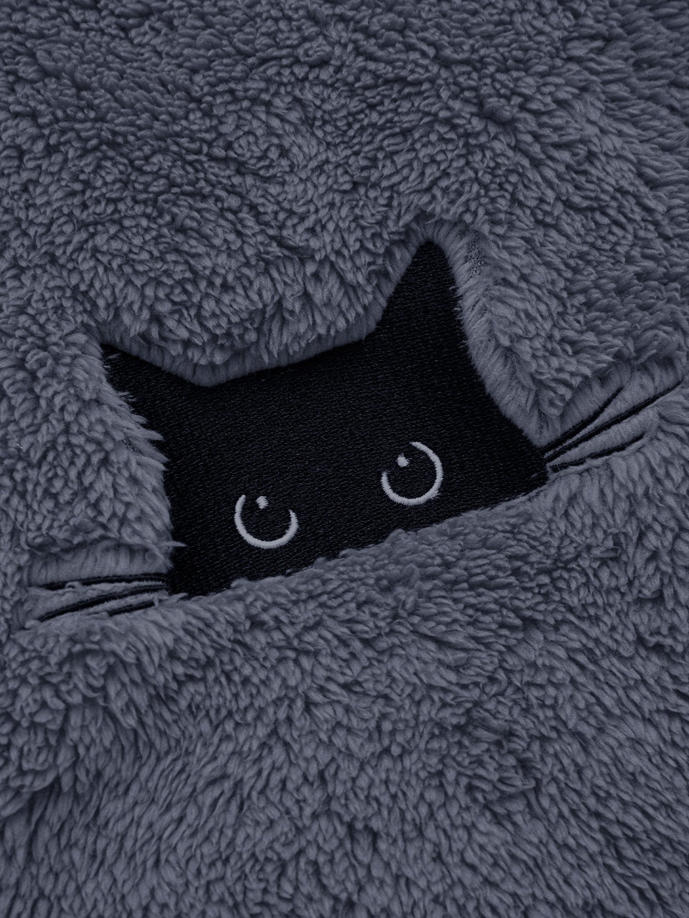 Black Cat Embroidered Teddy Zip Up Hoodie