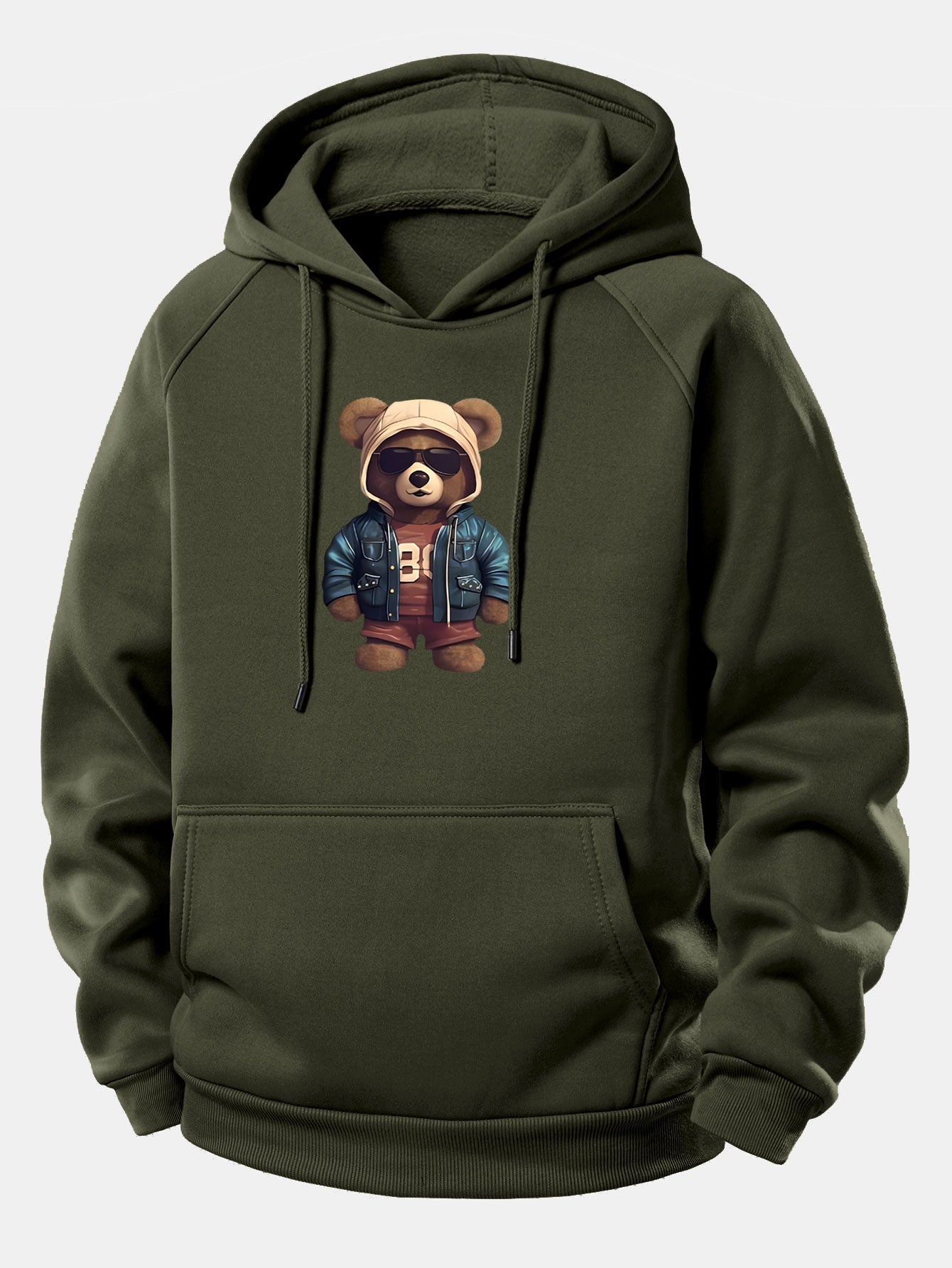 Bear In Leather Jacket Print Drawstring Hoodie