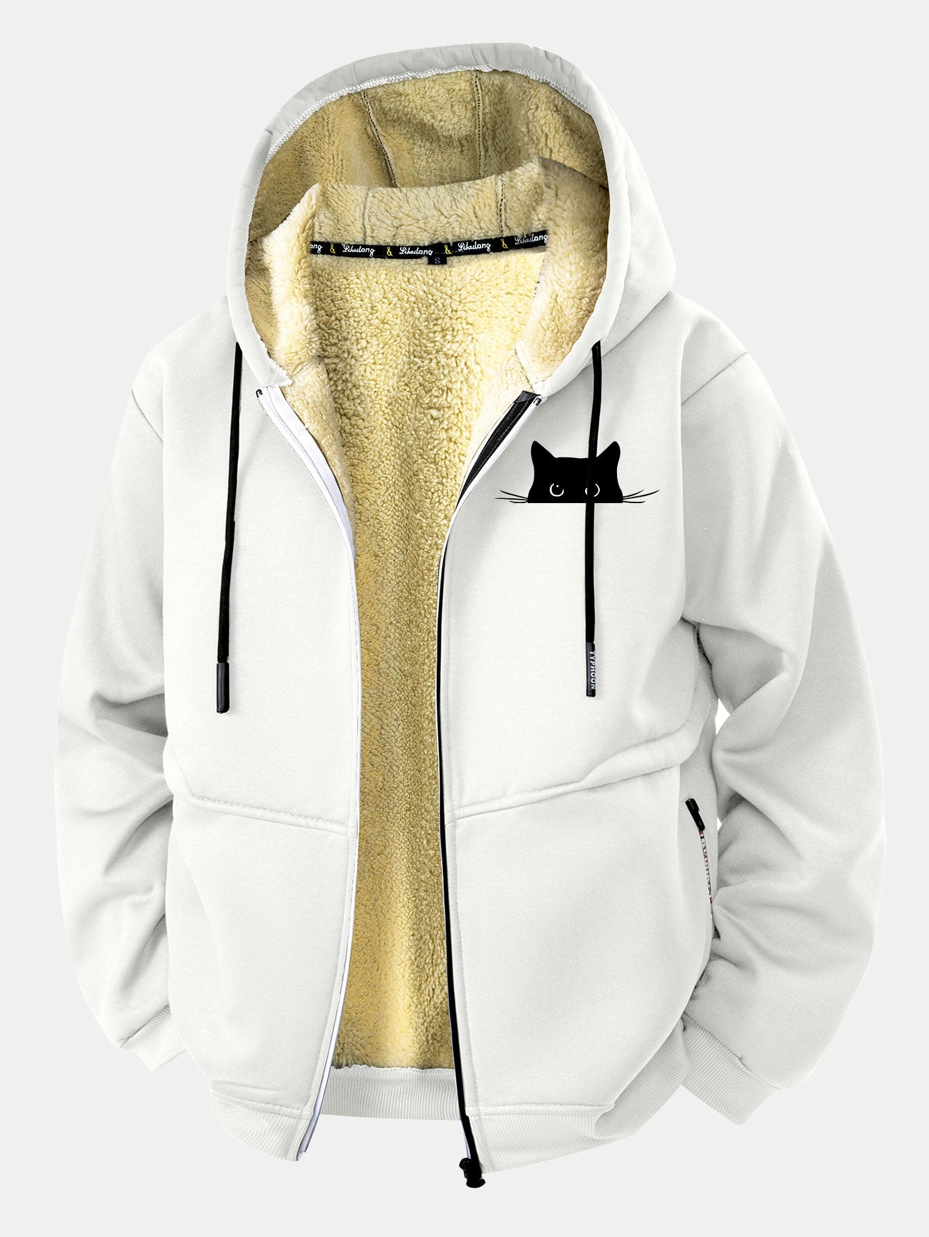 Black Cat Print Teddy Lined Zipper Hoodie