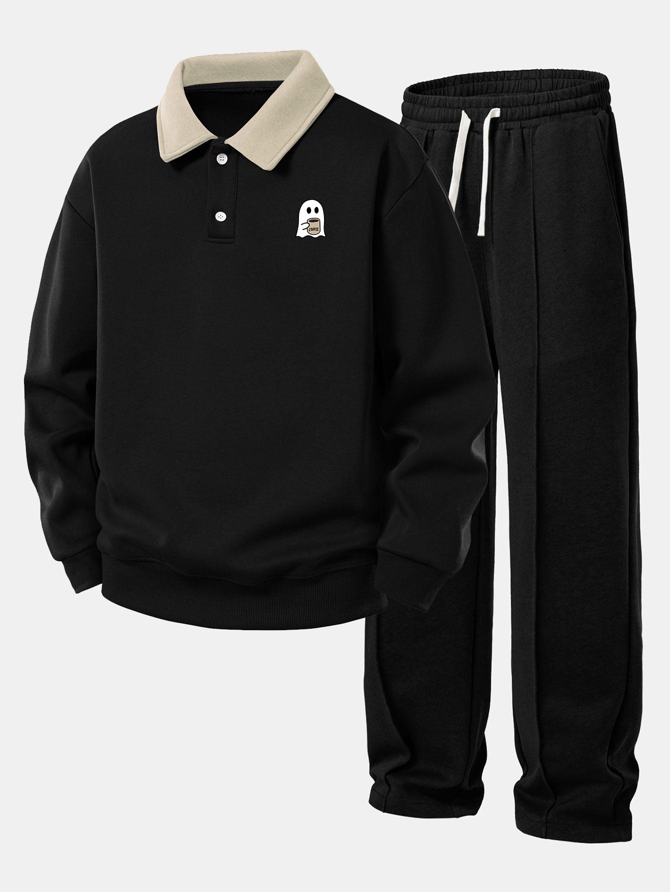 Relax Fit Ghost Drinking Coffee Print Contrast Polo Sweatshirt & Straight Leg Pleated Pintuck Sweatpants