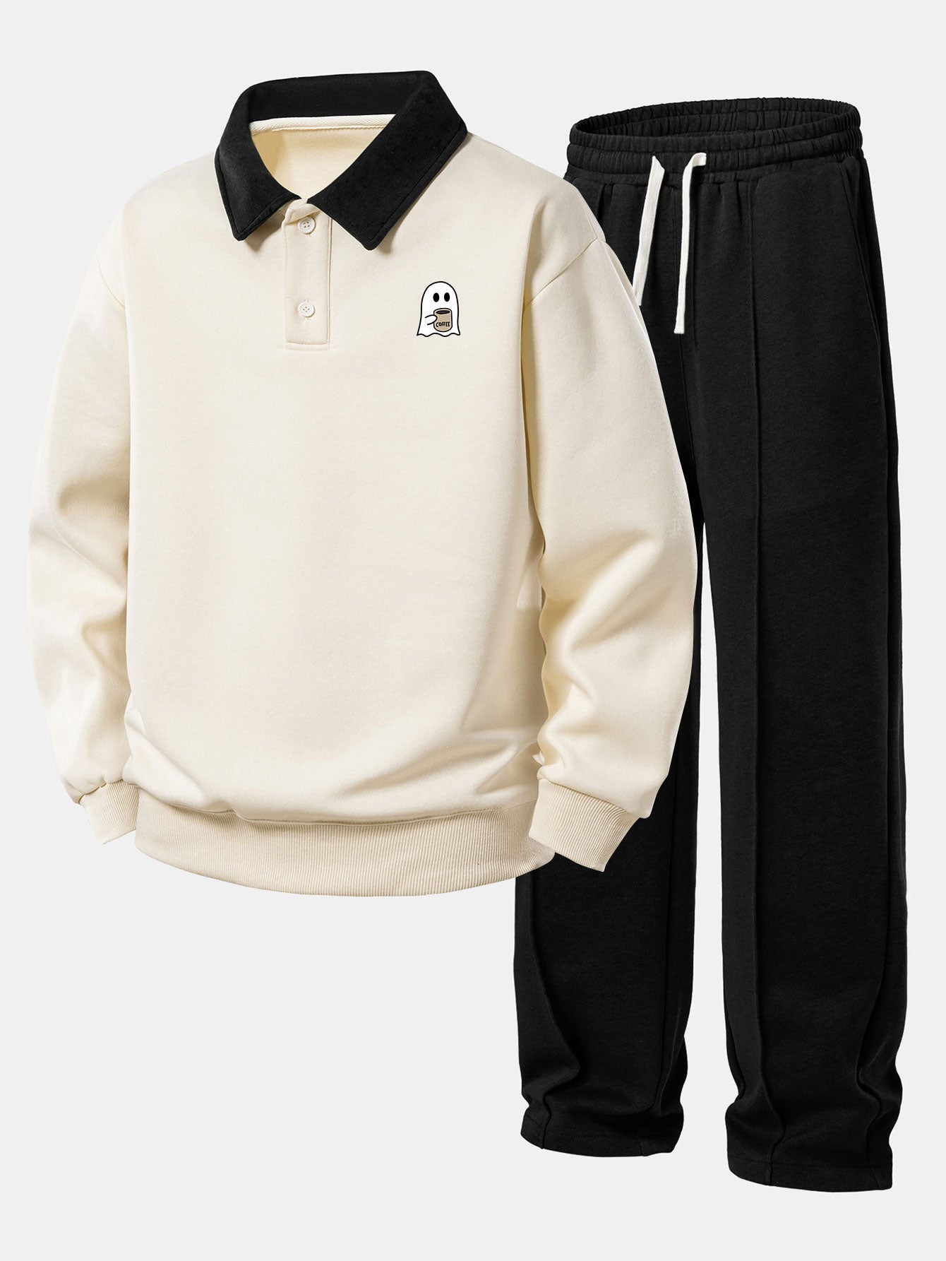 Relax Fit Ghost Drinking Coffee Print Contrast Polo Sweatshirt & Straight Leg Pleated Pintuck Sweatpants
