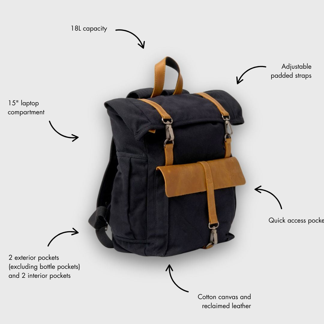 Tay - Canvas Rolltop Backpack - Black