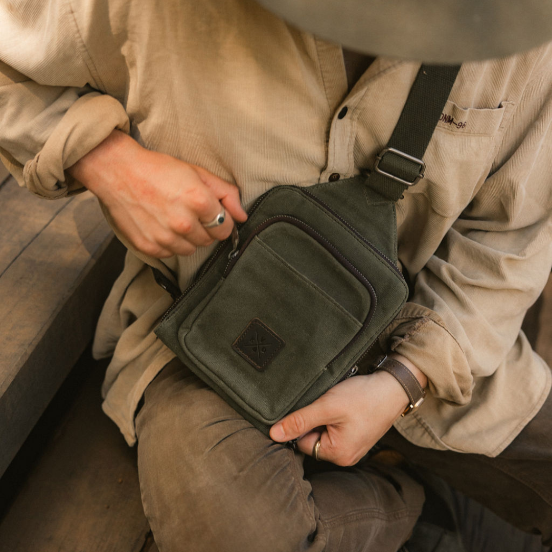 Tyne - Waxed Canvas Sling Crossbody Bag - Moss Green