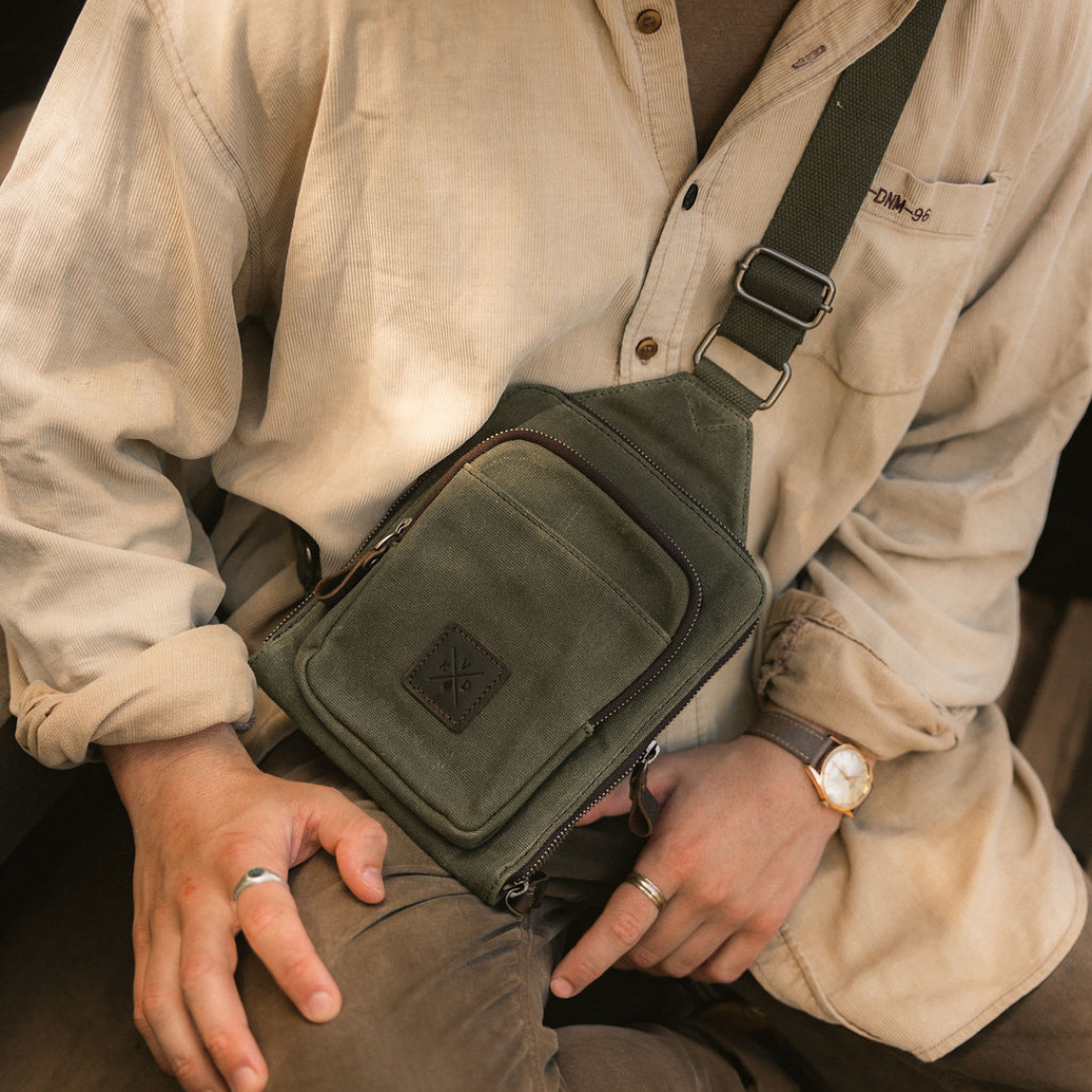 Tyne - Waxed Canvas Sling Crossbody Bag - Moss Green