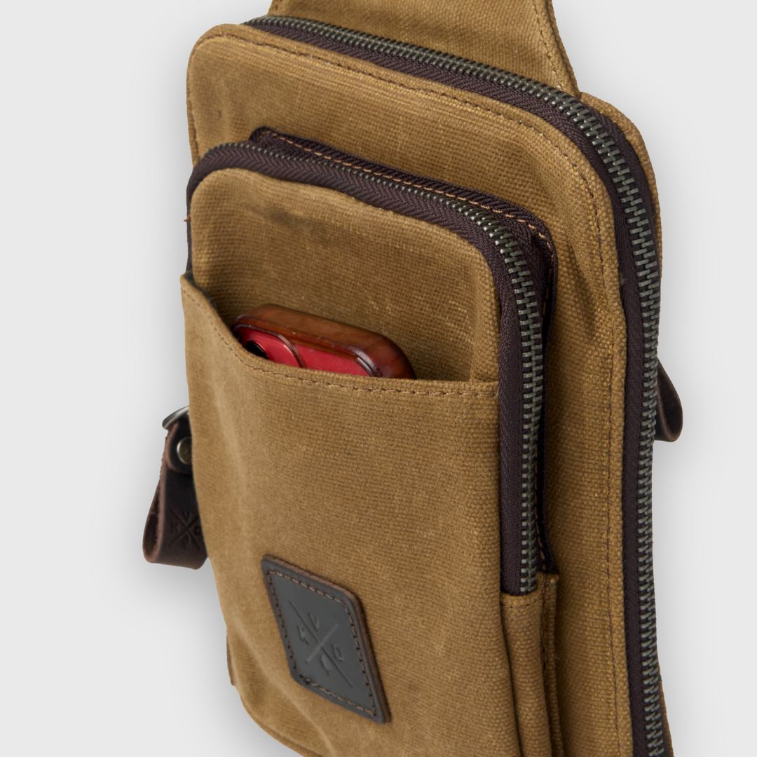 Tyne - Waxed Canvas Sling Crossbody Bag - Tan