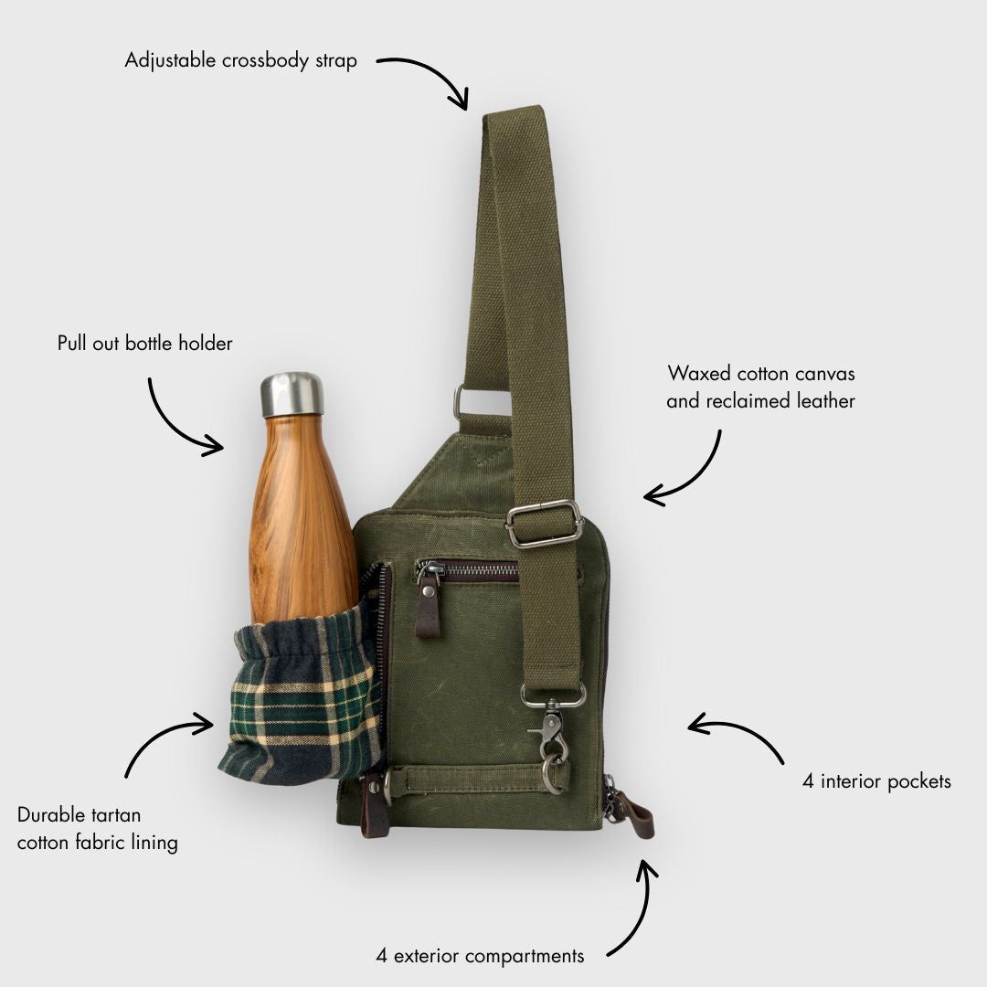 Tyne - Waxed Canvas Sling Crossbody Bag - Moss Green