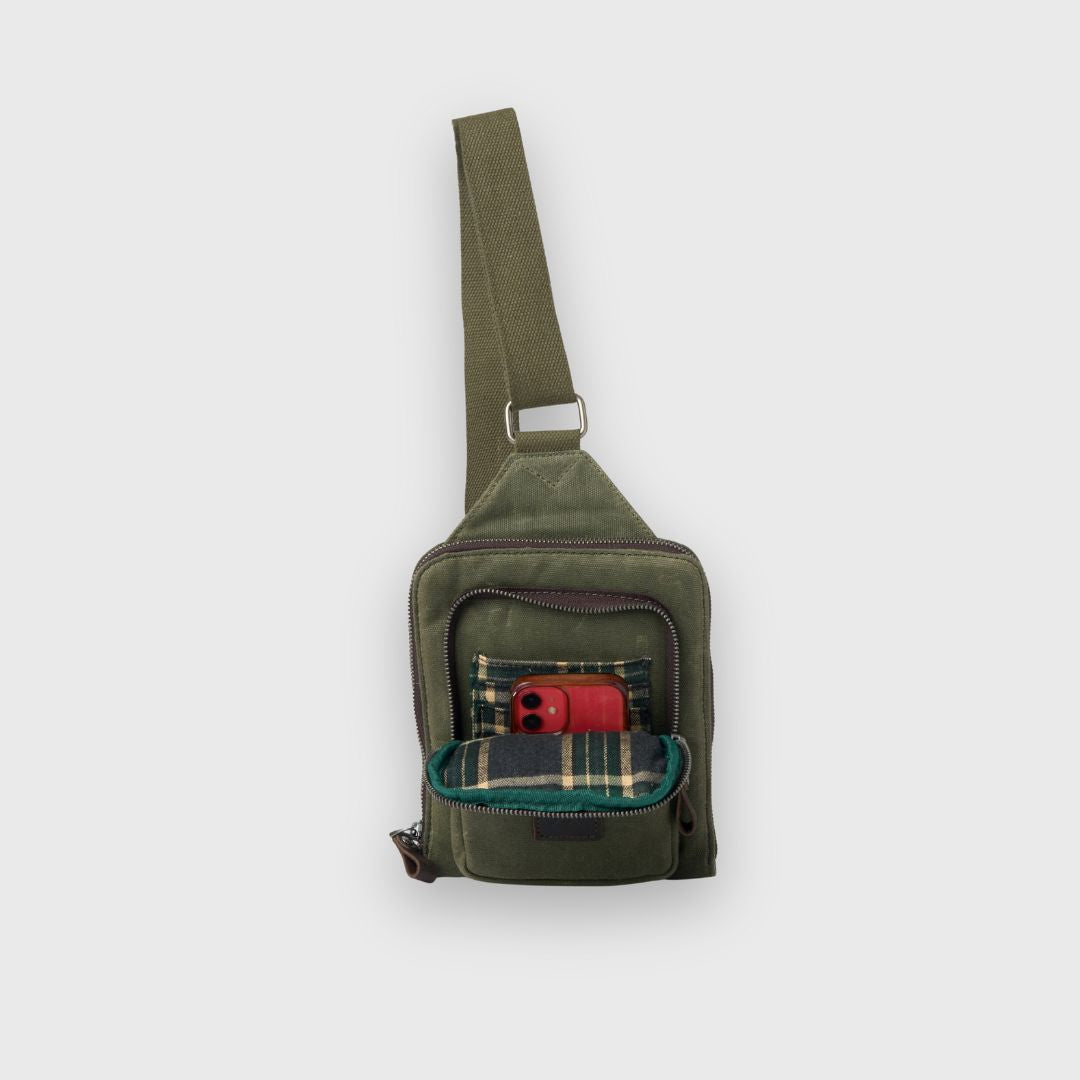 Tyne - Waxed Canvas Sling Crossbody Bag - Moss Green